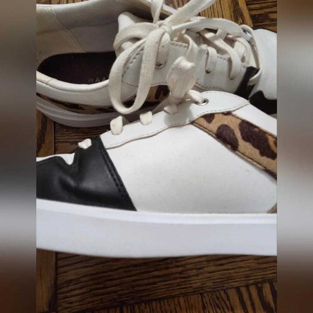 Cole Haan Women's White & Black Leather Leopard-Accent Sneaker Grand Crosscourt - Picture 5 of 16